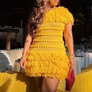 Hanifa Yellow Fringe Knit Mini Dress